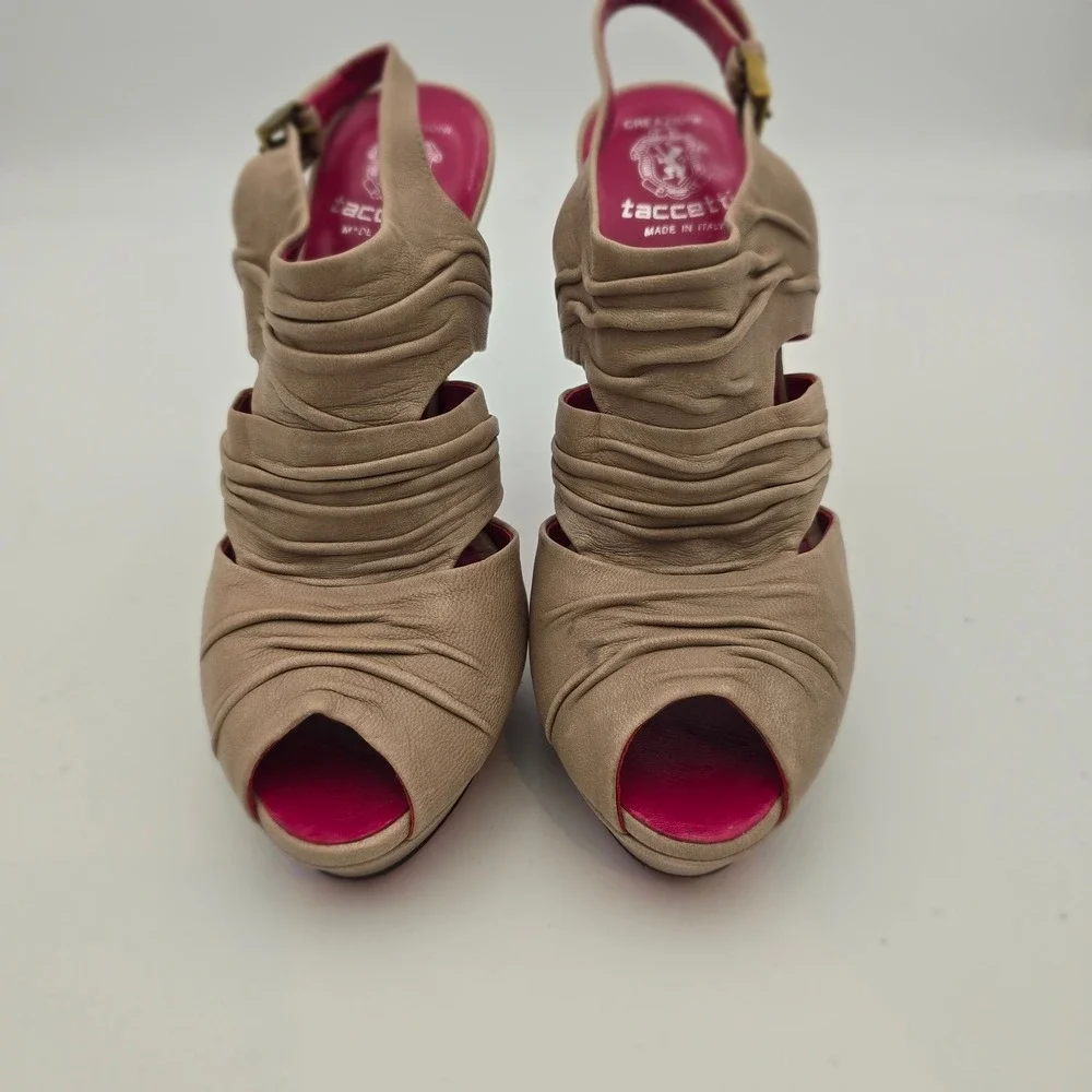 Creazioni Taccetti Beige Ruched Leather Peep‎ Toe Slingback Heels 38/7.5 Italian